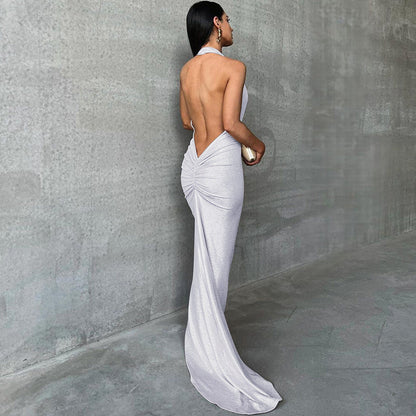 Robe Longue Femme – Satin Fluide – Dos Nu – Décolleté Plongeant – Coupe Ajustée