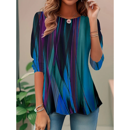 Blouse femme – Coupe ample – Imprimé abstrait – Manches 3/4 – Tissu léger respirant