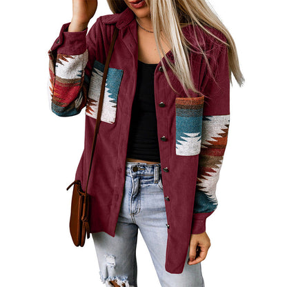 Veste cardigan femme – Coupe décontractée – Motif aztèque – Boutonnée – En velours côtelé