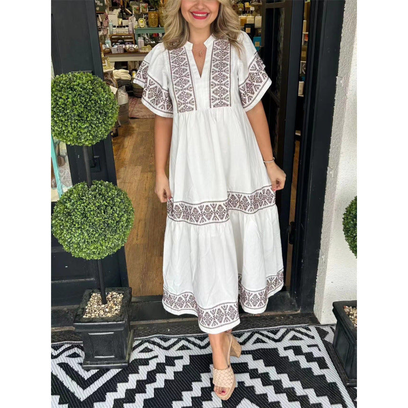Robe midi femme – Coupe ample – Col en V – Détails imprimés – Tissu coton