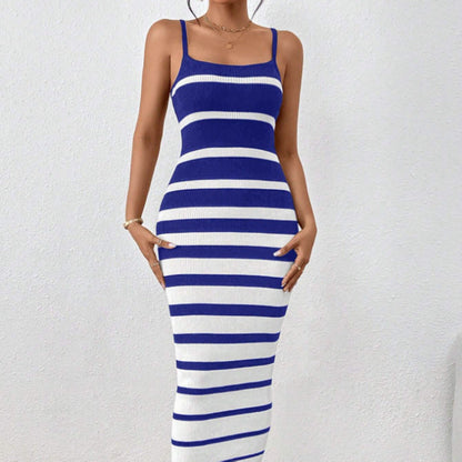 Robe Femme Bodycon – Coupe Ajustée – Maille Extensible – Bretelles Fines – Col Rond – Longueur Midi