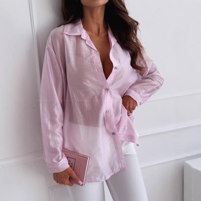 Chemise femme manches longues – Coupe oversize – Tissu fluide – Détails strass