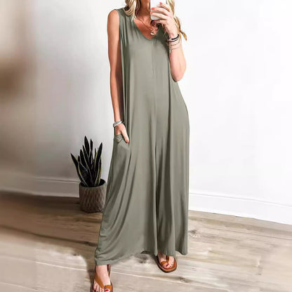 Robe longue femme – Sans manches – Décolleté en V – Coupe fluide – Maille douce avec poches