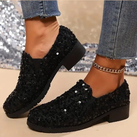 Mocassins Femme – Tissu Souple – Sequins Brillants – Bout Rond – Semelle Plate