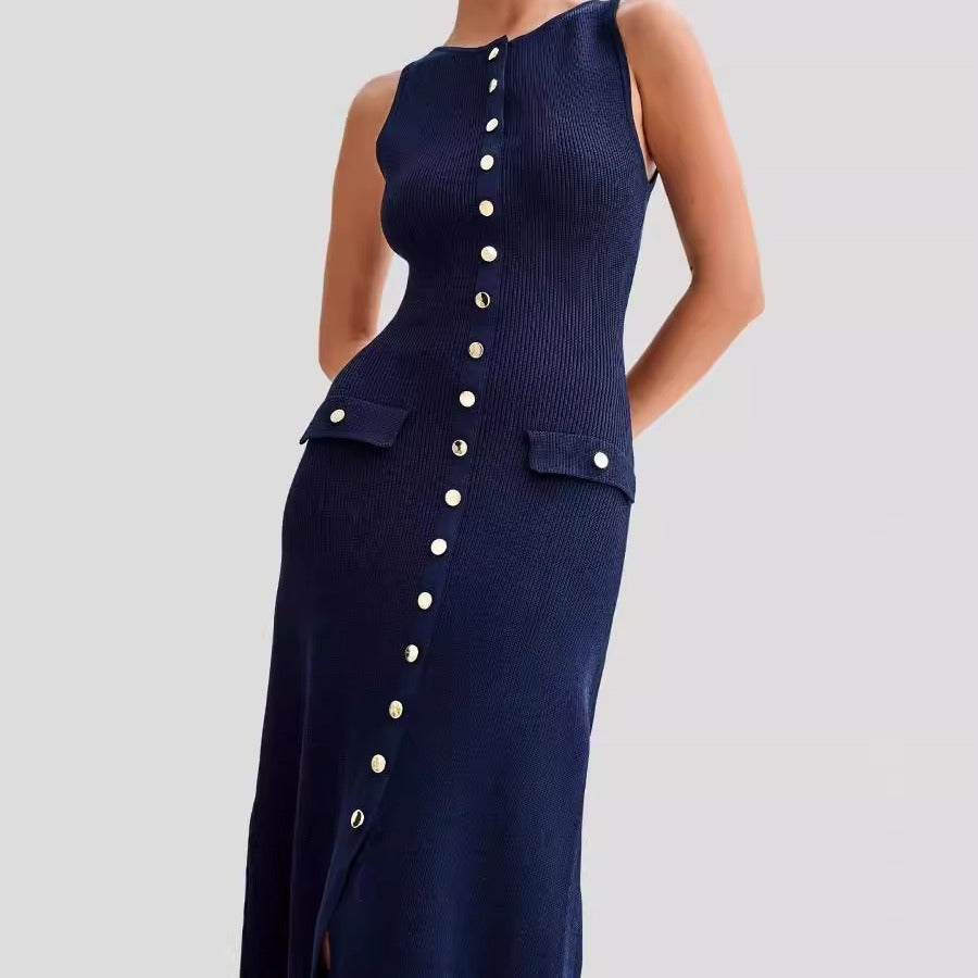 Robe femme sans manches – Maille fine – Coupe ajustée – Boutons devant – Poches décoratives