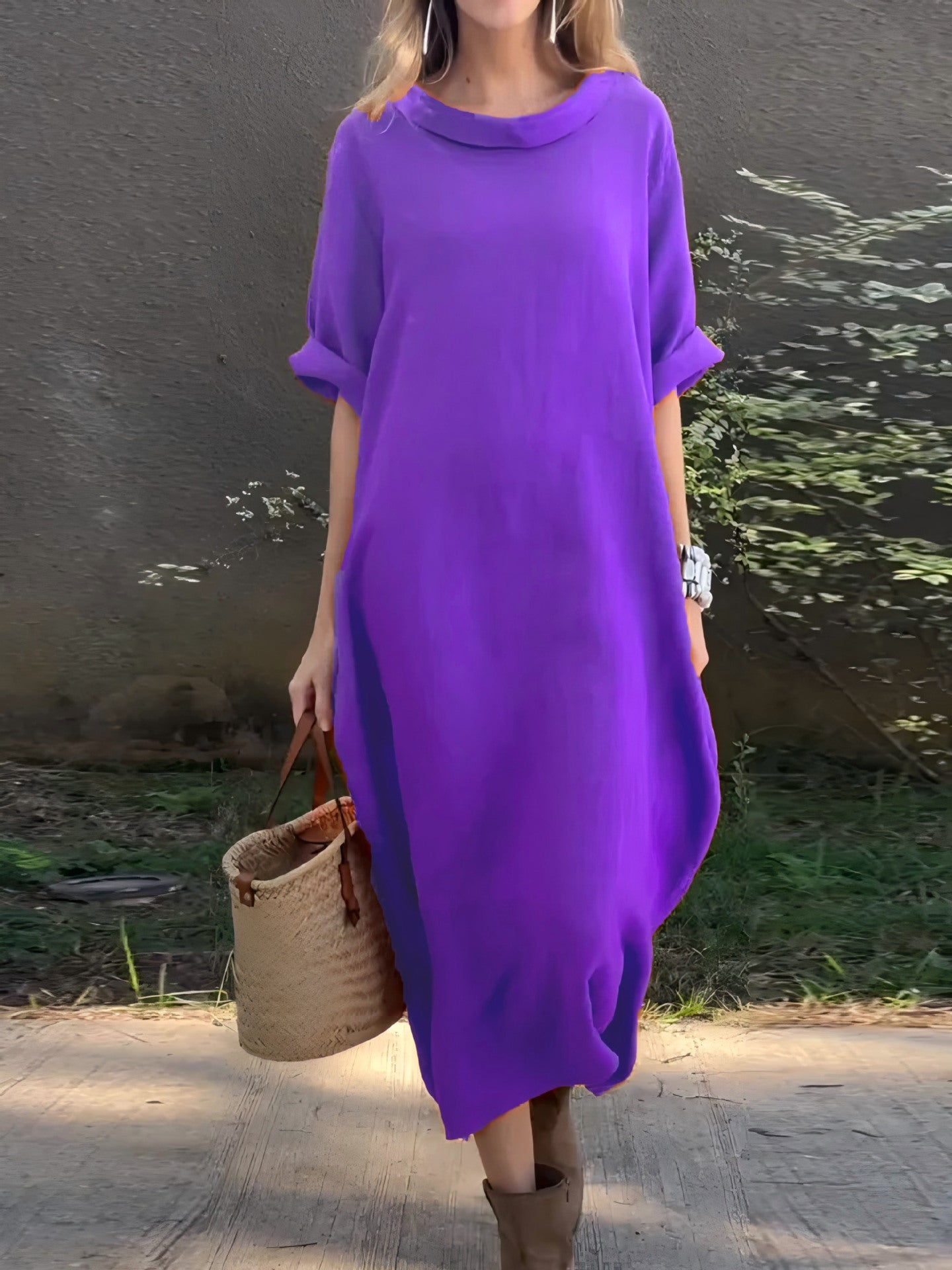 Robe femme midi – Coupe oversize – Coton – Manches mi-longues – Ourlet asymétrique