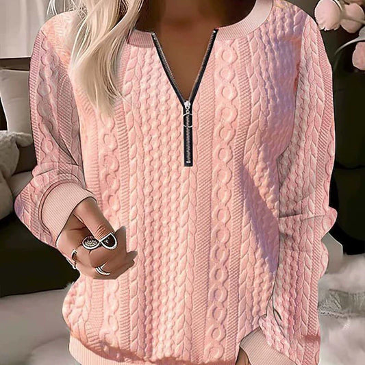 Femme Sweatshirt - Maille Texturée - Coupe Décontractée - Col Zippé - Manches Longues
