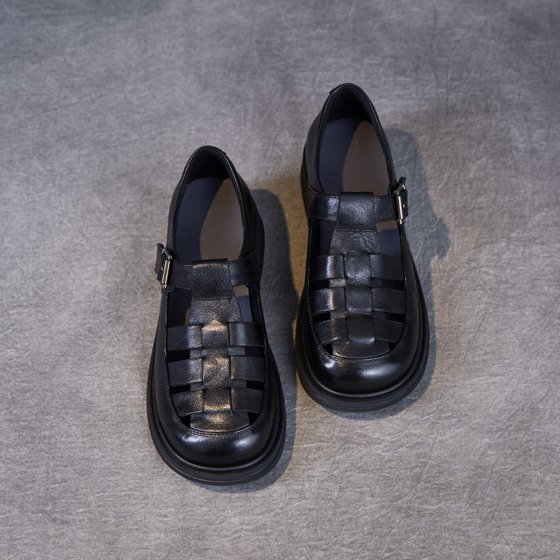 Sandales femme – Cuir véritable – Design ajouré – Semelle plate confortable