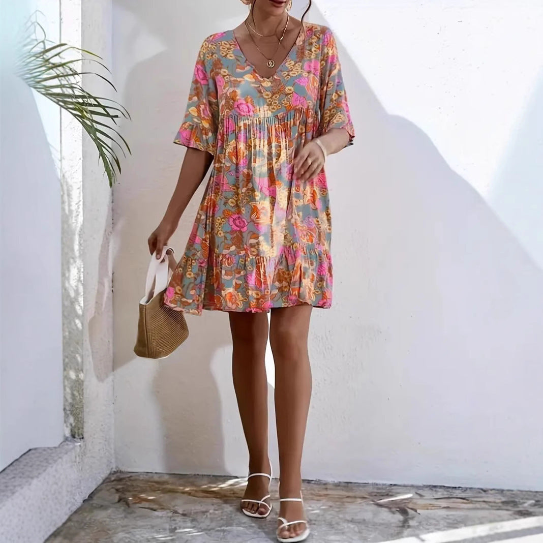 Robe femme fluide – Coton – Imprimé fleuri – Manches 3/4 à volants – Col V