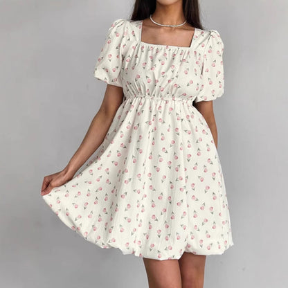 Robe femme évasée – Coton léger – Manches bouffantes – Imprimé fleuri – Col carré