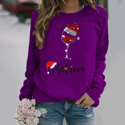 Sweatshirt femme – Coupe décontractée – Coton doux – Col rond – Manches longues imprimé festif