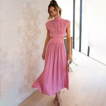 Robe midi femme – Coupe élégante – Taille cintrée – Buste plissé – Mancherons – Détail découpes