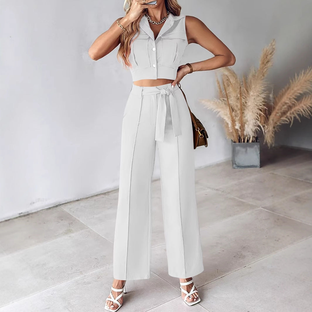 Ensemble Femme – Top Court Sans Manches à Col Boutonné – Pantalon Large Taille Haute Ceinturé