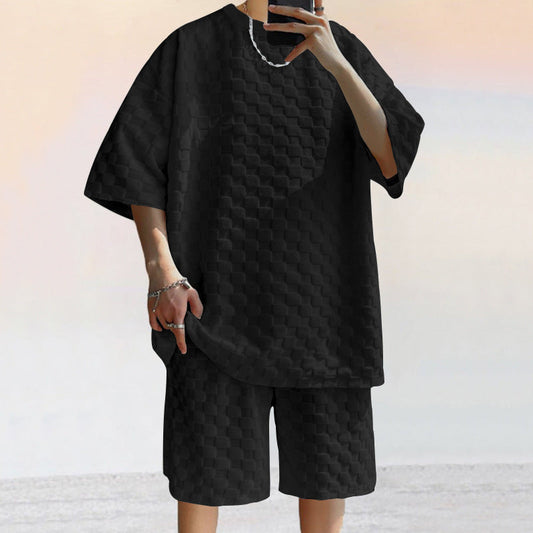 Ensemble décontracté homme – Maille jacquard – Coupe ample – Chemise et short droits
