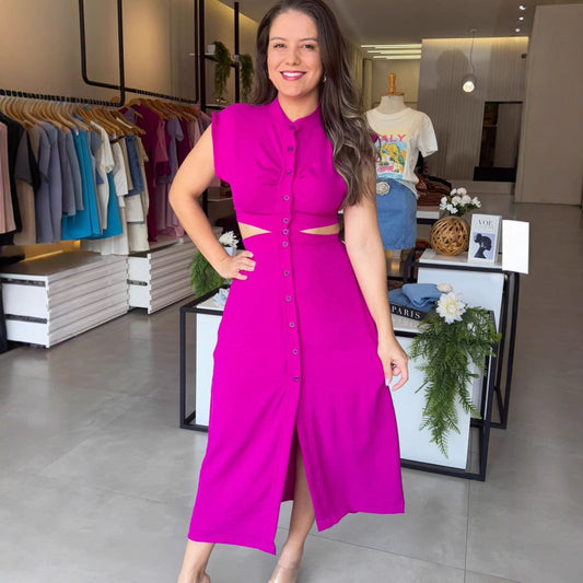 Robe midi femme – Coupe ajustée – Sans manches – Taille ajourée – Col montant