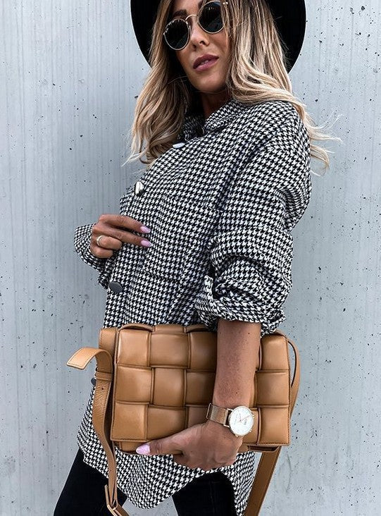 Veste femme à carreaux – Coupe oversize – Tissu effet laine – Longueur mi-cuisse