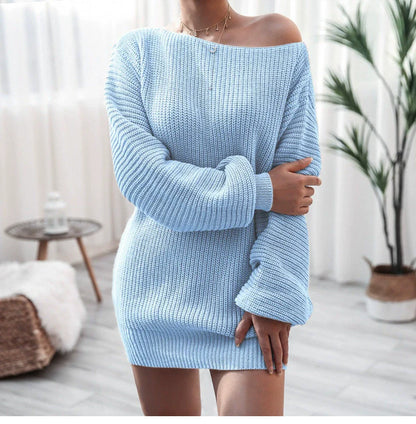 Robe Pull Femme – Épaules Dénudées – Maille Douce – Manches Bouffantes – Coupe Ample