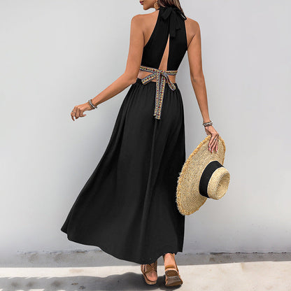 Robe midi femme – Décolleté dos nu – Taille ajourée – Noeud frontal fluide