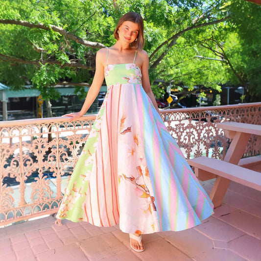 Robe femme à bretelles fines – Coton léger – Coupe fluide – Imprimé artistique maxi