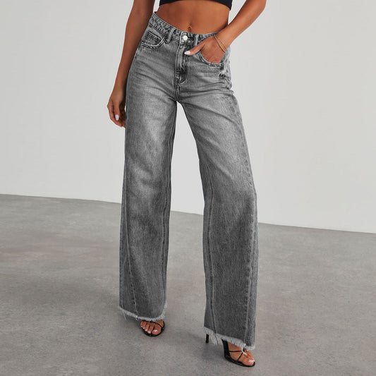 Jean large femme – Taille haute – Coupe ample – Ourlet effiloché – Longueur au sol