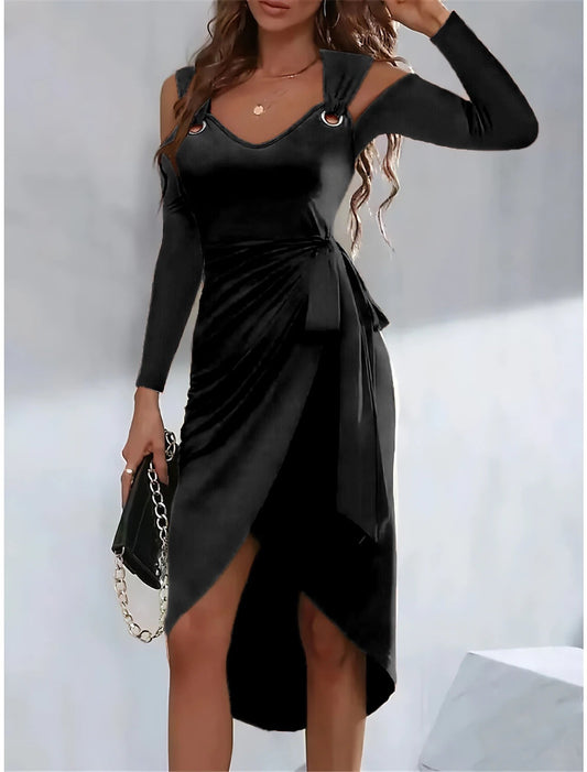 Robe femme à bretelles – Coupe cintrée – Décolleté en V – Liens à la taille – Ourlet asymétrique