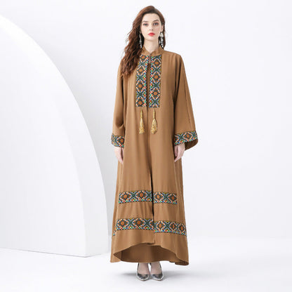 Robe longue femme – Coupe fluide – Détail tissé ethnique avec pampilles