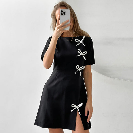 Robe Trapèze Femme - Manches Courtes - Détail Nœud - Fente Élégante