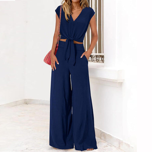 Ensemble Deux Pièces Femme – Haut Court Nœud Devant – Pantalon Large Taille Haute