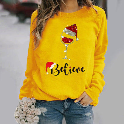 Sweatshirt femme – Coupe décontractée – Coton doux – Col rond – Manches longues imprimé festif