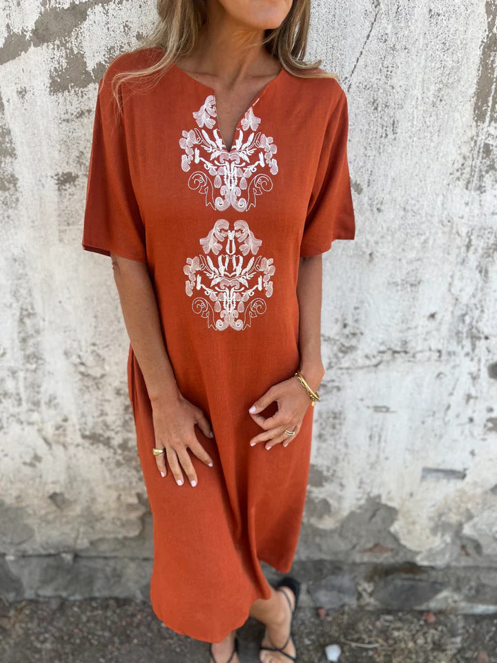 Robe midi femme – Fibres naturelles – Coupe ample – Manches courtes – Broderie devant