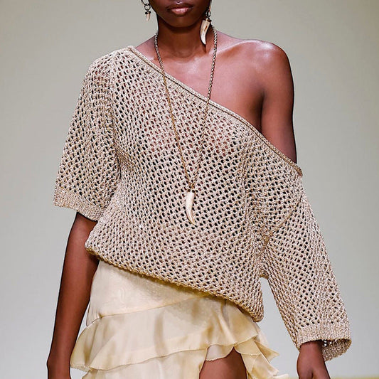 Pull femme en maille – Coupe décontractée – Épaules dénudées – Maille ajourée respirante