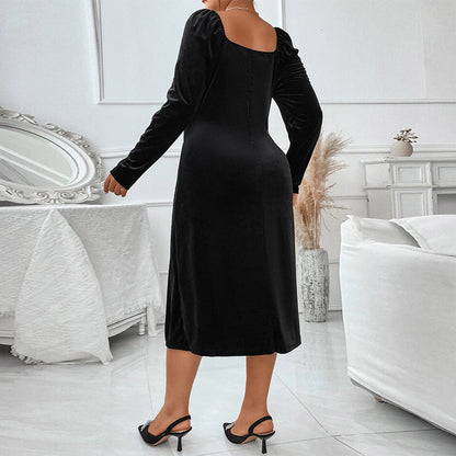 Robe midi femme – Coupe ajustée – Velours doux – Col carré – Manches longues – Fente haute