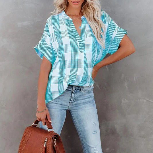 Blouse femme – Coupe décontractée – Motif à carreaux – Manches courtes – Coton respirant