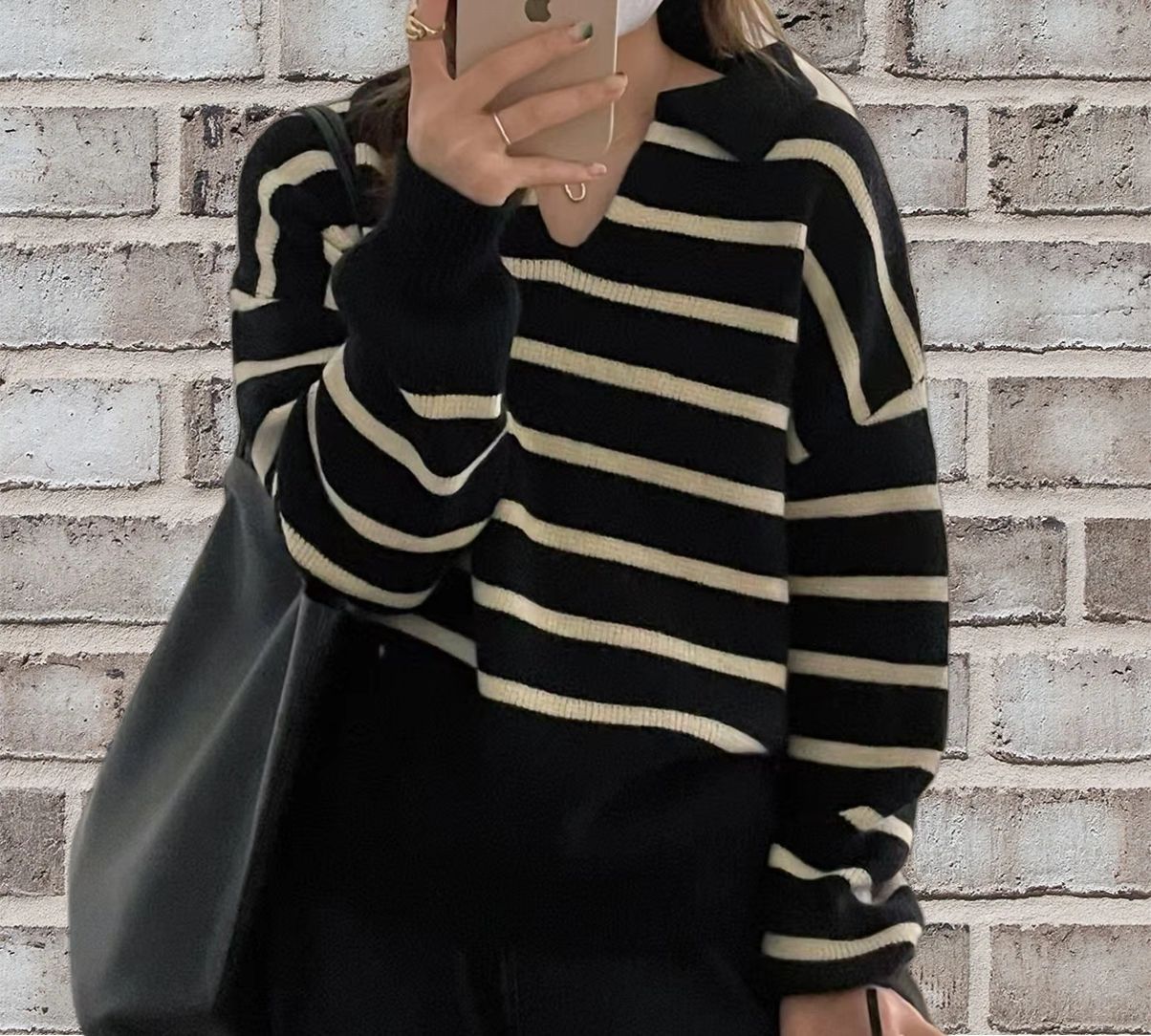 Pull femme – Coupe décontractée – Maille laine – Col V – Rayé manches longues