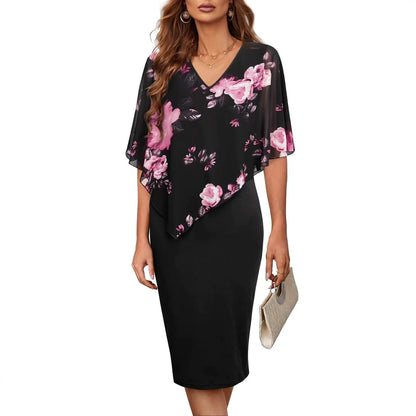 Robe femme – Coupe ajustée – Décolleté en V – Voile fluide – Mi-longue élégante