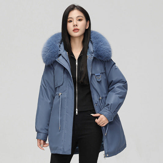 Veste parka femme – Coupe oversize – Capuche fausse fourrure – Taille ajustable