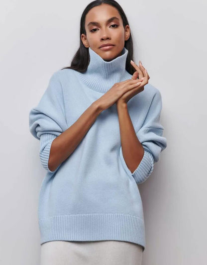 Pull femme – Col roulé – Coupe oversize – Maille douce – Finitions côtelées