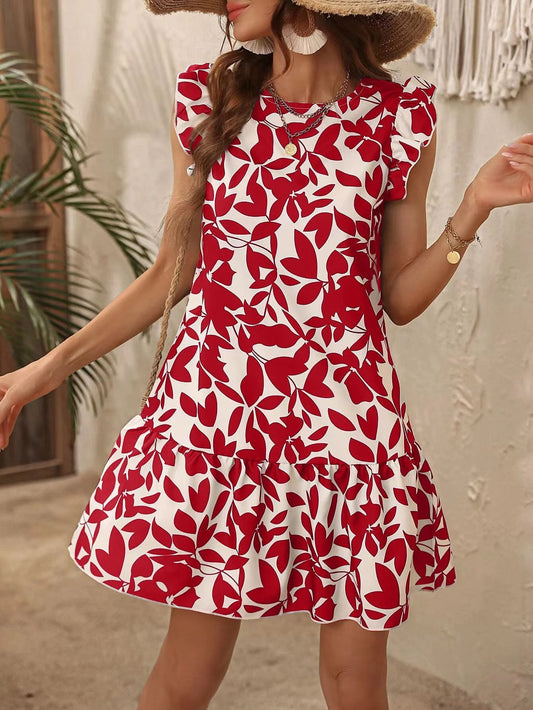 Kiera - Robe d'été pour femme – Manches à volants – Imprimé feuilles – Ourlet à volants – Style plage