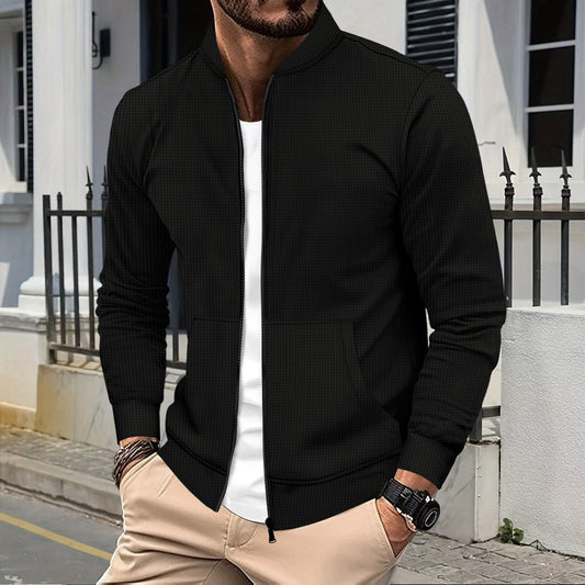 Veste zippée homme – Coupe athlétique – Tissu texturé – Ourlets côtelés – Poches devant