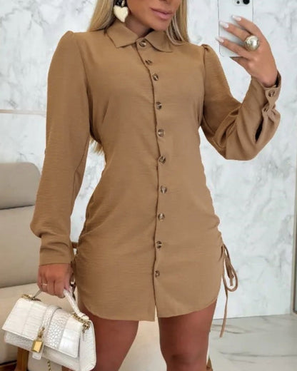 Robe mini femme – Coupe cintrée – Manches longues – Boutonnage avant – Cordon ajustable