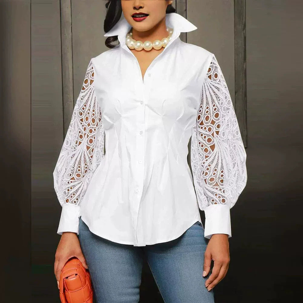 Femme Blouse - Tissu Tissé - Col Montant - Manches Bouffantes En Dentelle