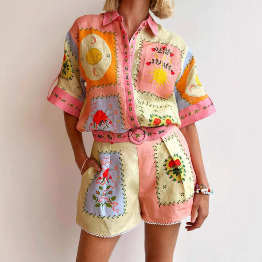 Ensemble Femme Chemise et Short – Coupe Ample – Taille Haute Ceinturée – Brodé