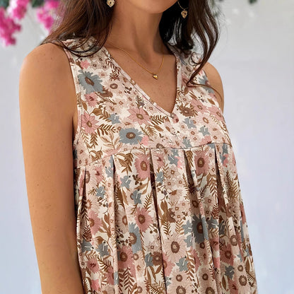 Robe fleurie sans manches à col en V pour femme - Coupe trapèze fluide