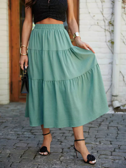 Jupe midi femme – Coupe fluide – Taille élastique – Imprimé fleuri – Volants