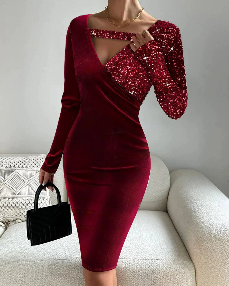 Femme Robe Midi - Maille Côtelée - Coupe Slim - Col V Profond - Manches Longues