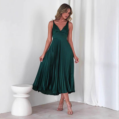 Robe midi femme – Satin fluide – Décolleté en V – Plissée – Bretelles fines