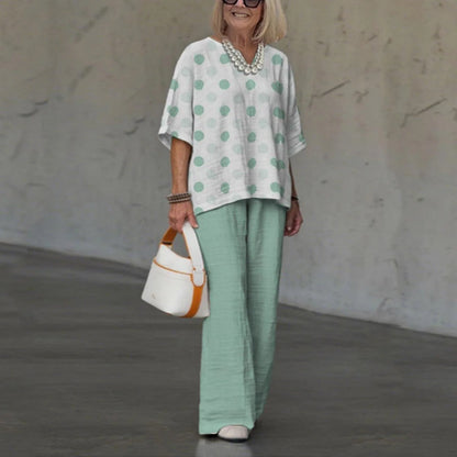 Ensemble femme décontracté – Chemise ample à pois – Pantalon large fluide coton