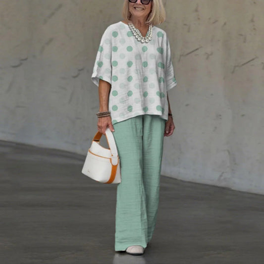 Ensemble femme décontracté – Chemise ample à pois – Pantalon large fluide coton