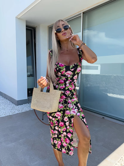 Robe midi femme – Coupe slim – Imprimé floral – Bretelles à volants – Fente latérale – Tissu respirant
