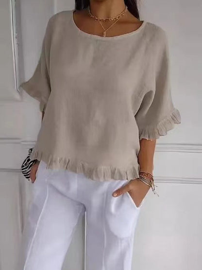 Blouse femme manches courtes – Coupe fluide – Lin et coton – Col rond – Finitions volantées